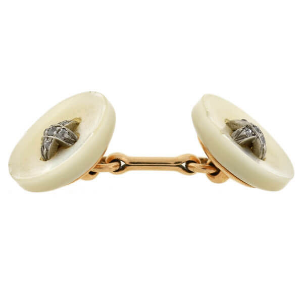 Victorian 14kt Mother of Pearl Diamond Button Cufflinks