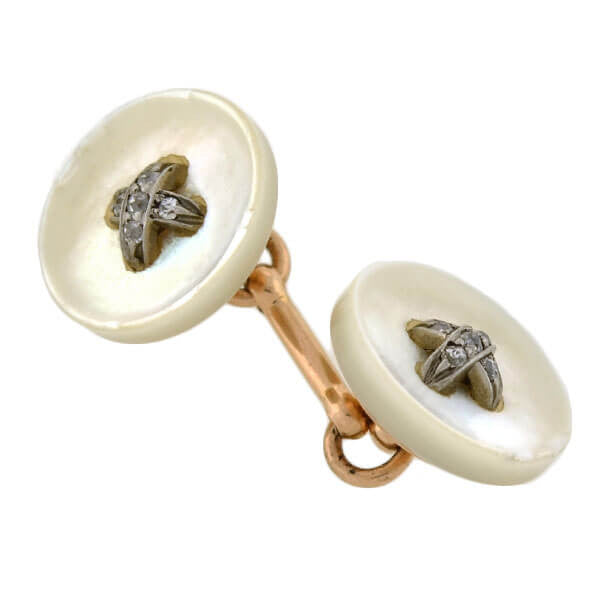 Victorian 14kt Mother of Pearl Diamond Button Cufflinks