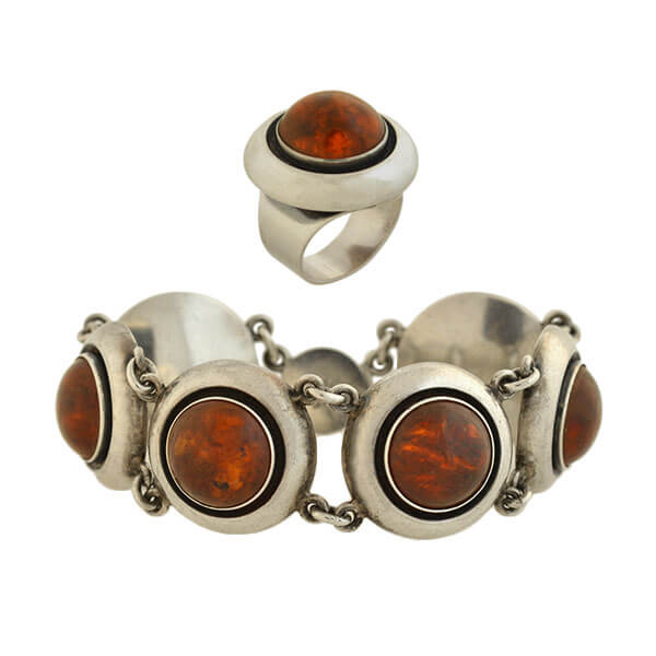 NEILS ERIK FROM Vintage Sterling Silver Amber Bracelet + Ring Set