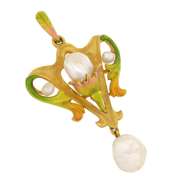 Art Nouveau 14kt Natural Pearl & Enamel Lavalier Pendant