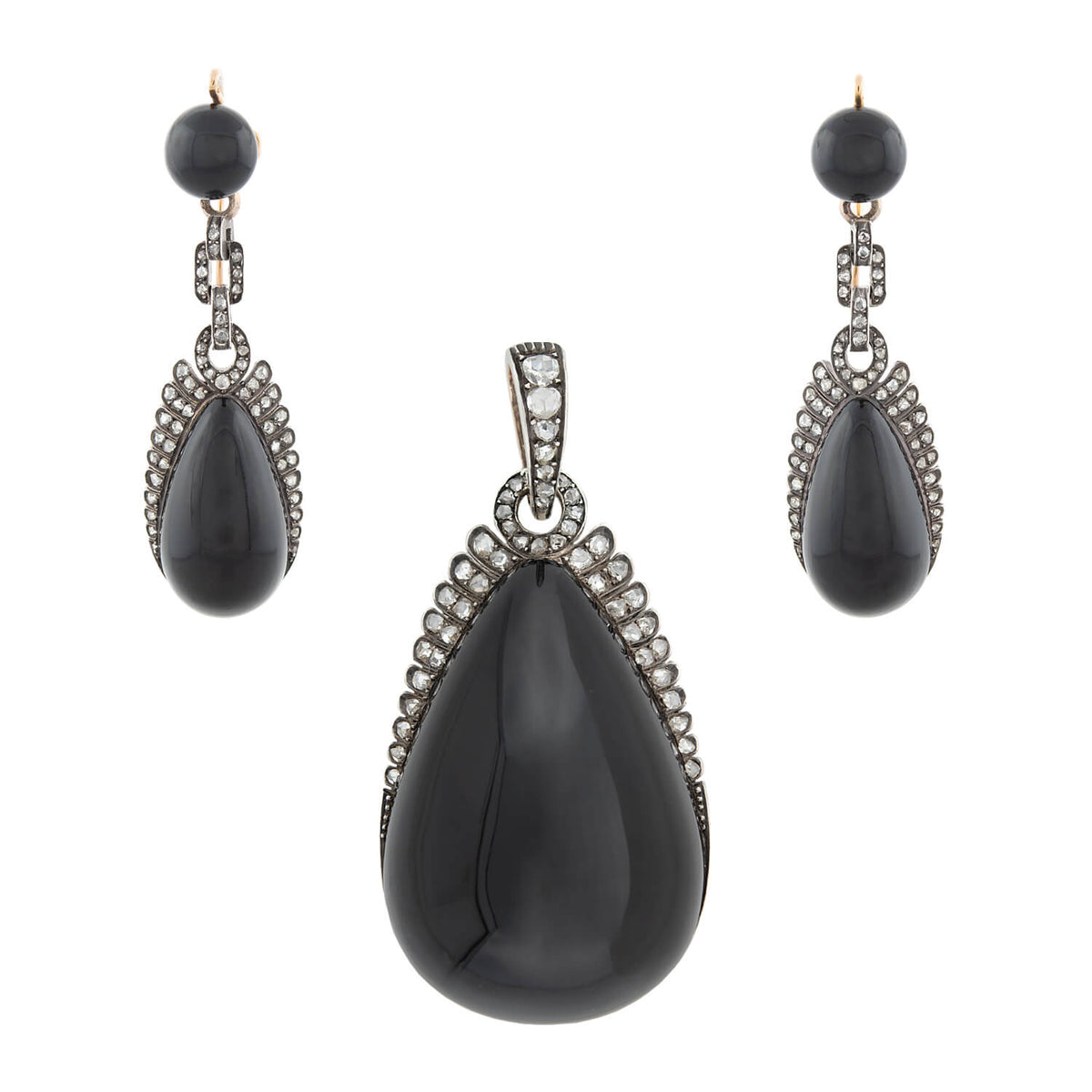 Victorian French 18kt/Sterling, Diamond + Onyx Day-to-Night Earrings/Locket Pendant Set