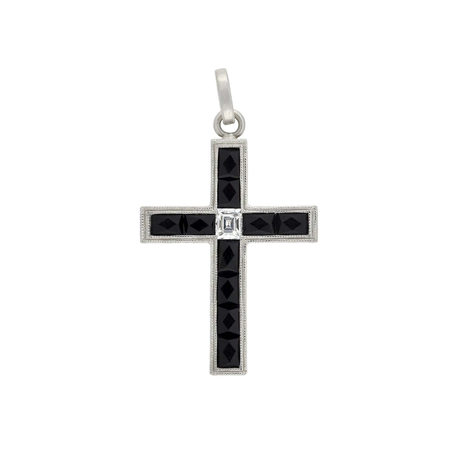 Art Deco Platinum French Cut Onyx + Diamond Cross Pendant