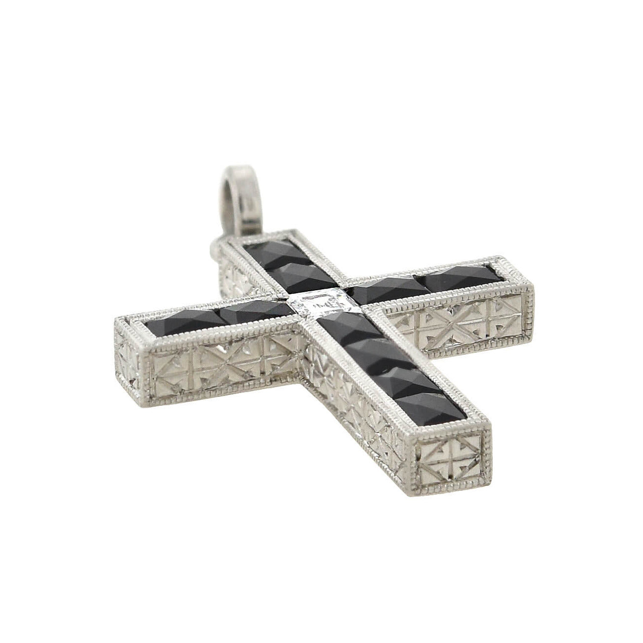 Art Deco Platinum French Cut Onyx + Diamond Cross Pendant