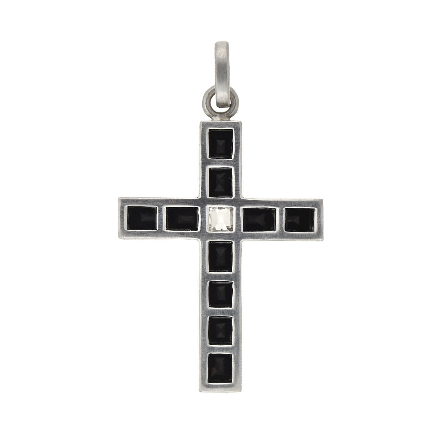 Art Deco Platinum French Cut Onyx + Diamond Cross Pendant