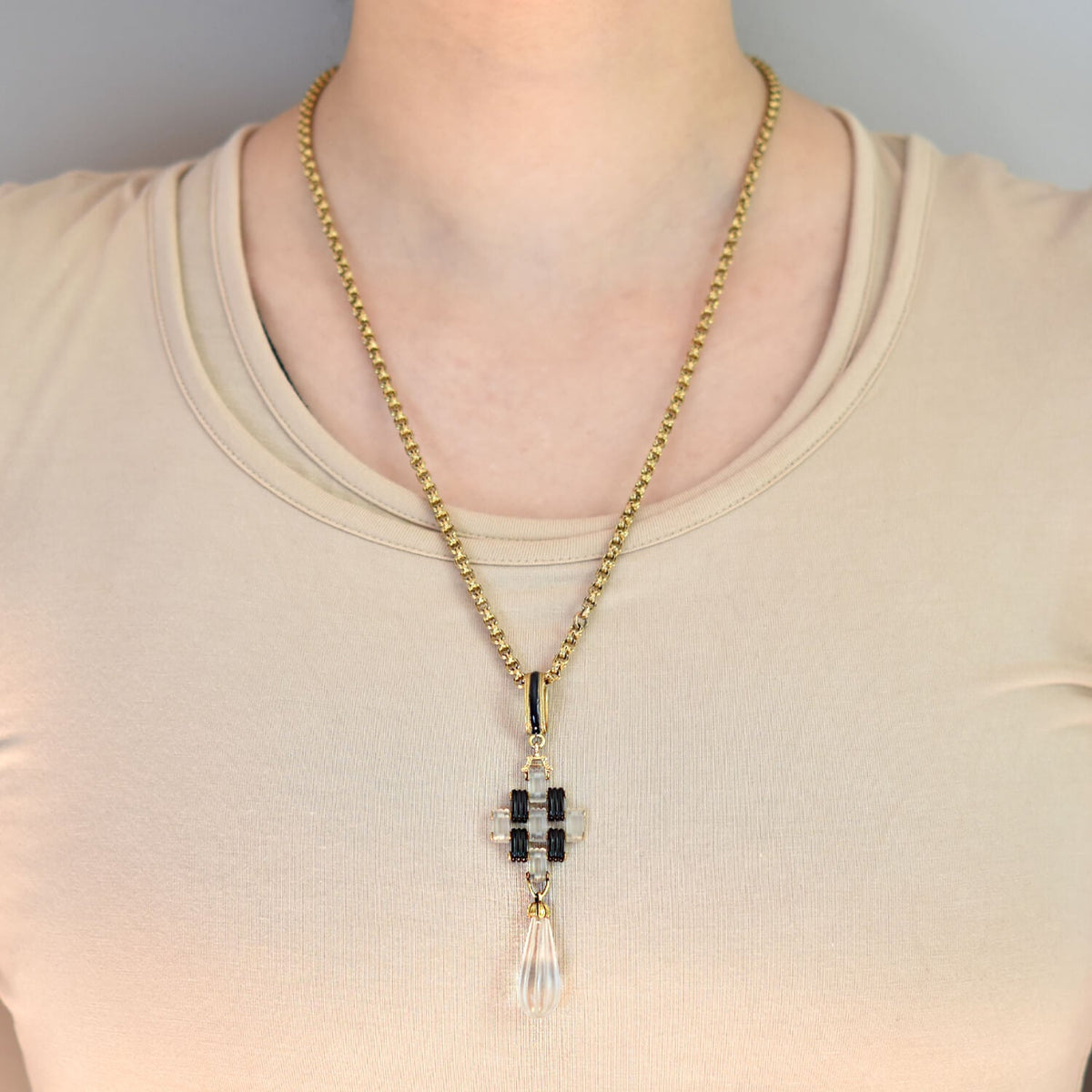 KREMENTZ Late Victorian 14kt Onyx Rock Quartz Crystal Pendant
