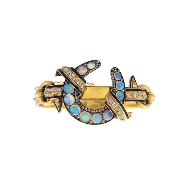 Victorian 18kt Opal, Diamond + Enamel Horseshoe Bangle Bracelet