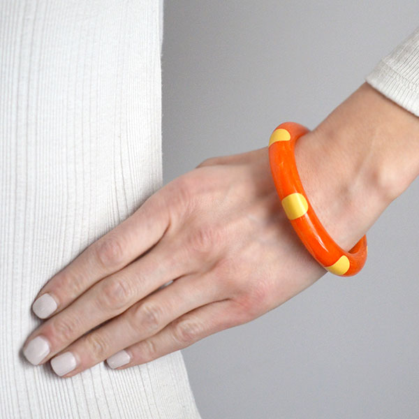 Retro Bakelite Orange & Yellow "6 DOT" Bangle Bracelet