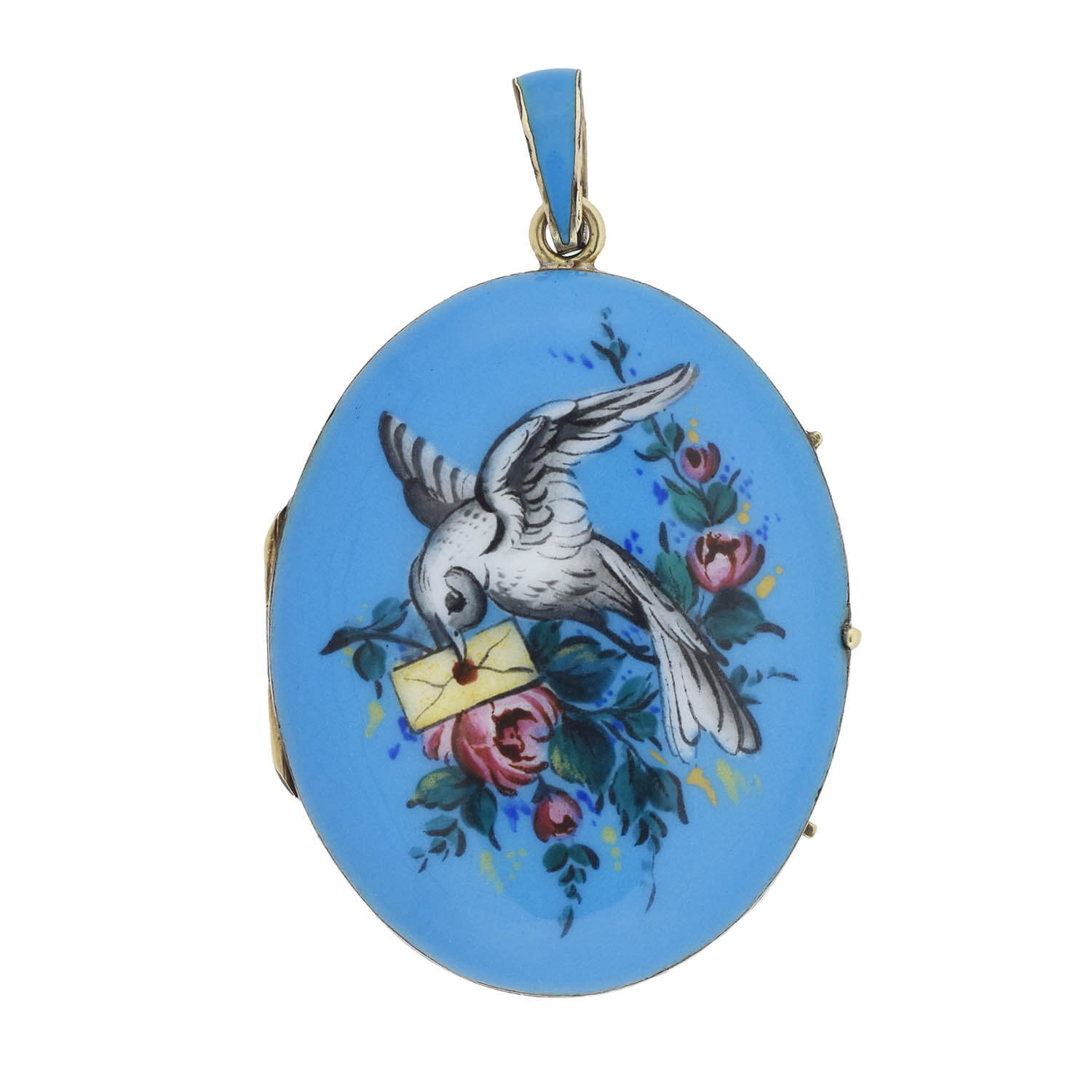 Victorian 14kt Hand Painted Enameled "Bird + Love Letter" Locket