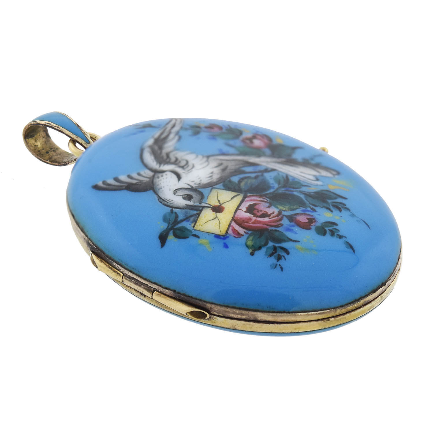 Victorian 14kt Hand Painted Enameled "Bird + Love Letter" Locket