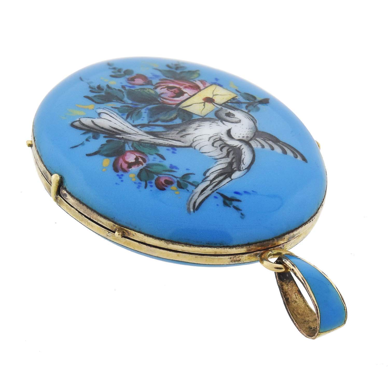 Victorian 14kt Hand Painted Enameled "Bird + Love Letter" Locket