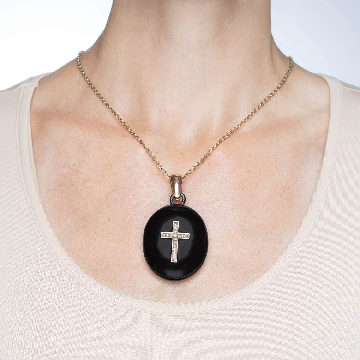 Victorian Large 10kt Onyx + Seed Pearl Cross Locket Pendant