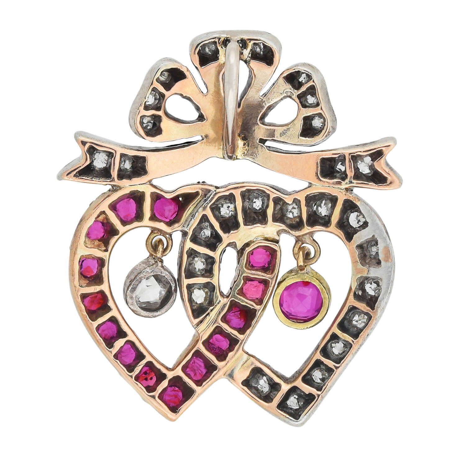 Victorian 14kt/Sterling Ruby + Diamond Double Heart Pendant