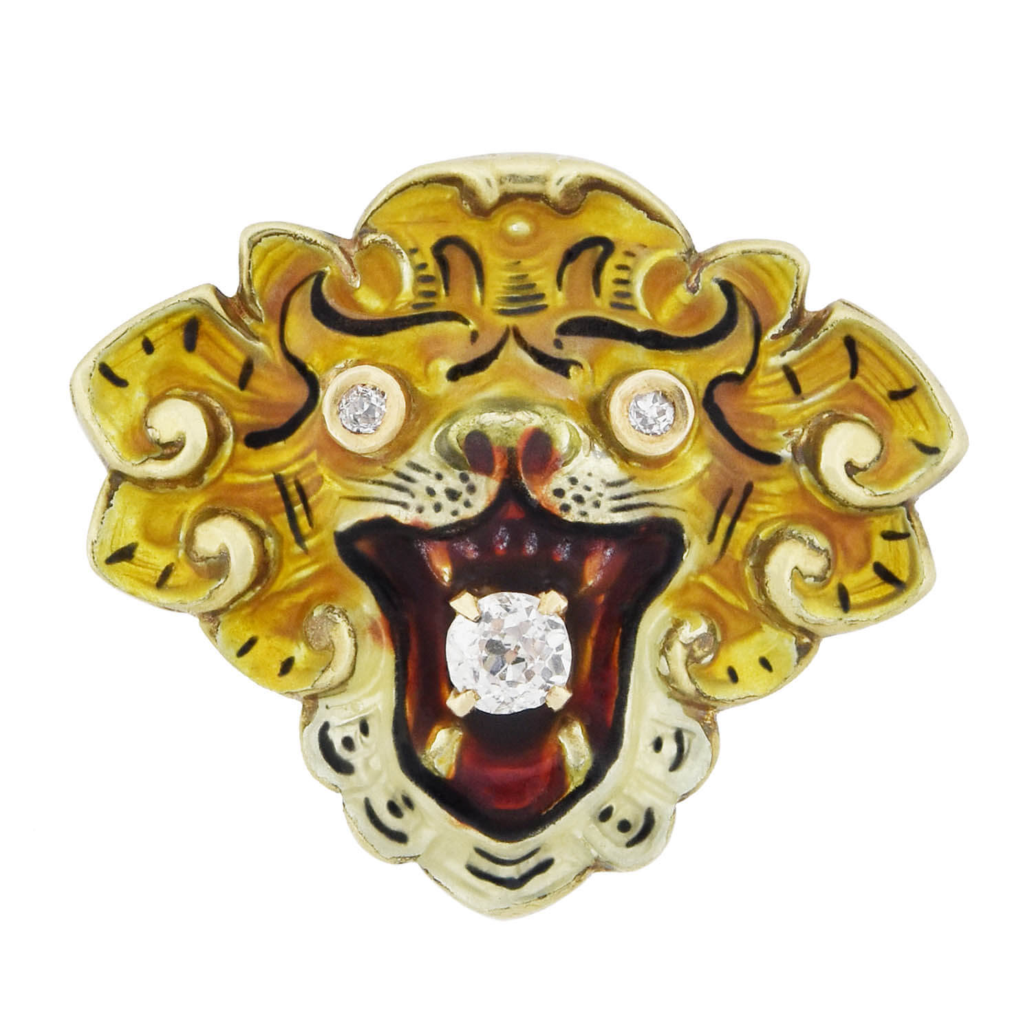 Victorian 14kt Diamond + Enameled Lion Pendant 0.25ctw