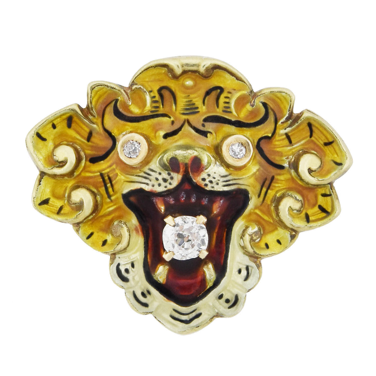 Victorian 14kt Diamond + Enameled Lion Pendant 0.25ctw