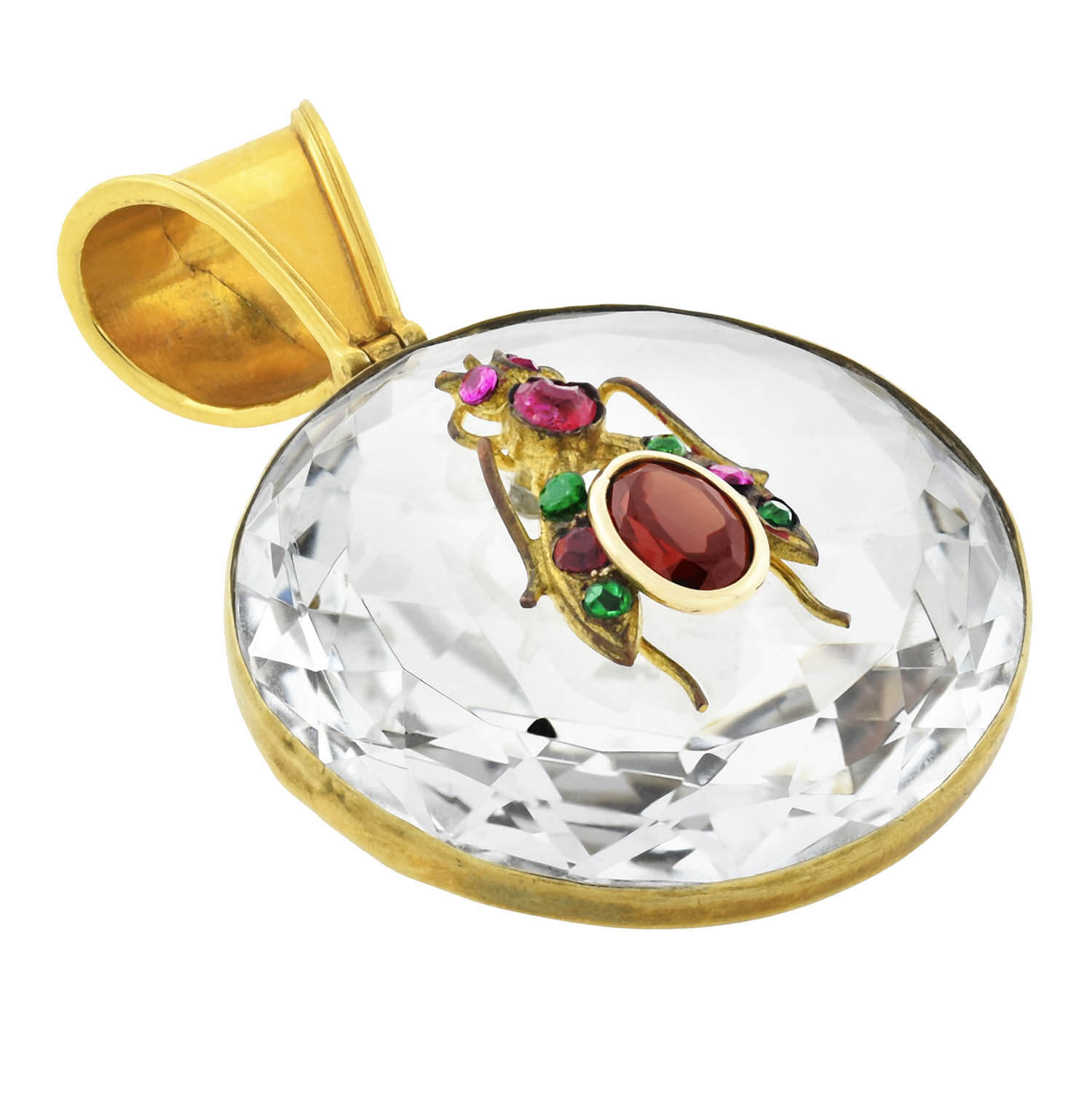 Victorian Rock Crystal, Ruby, Garnet + Emerald Insect Pendant