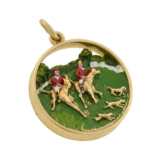 Vintage 14kt Enameled Equestrian Fox Hunt Pendant