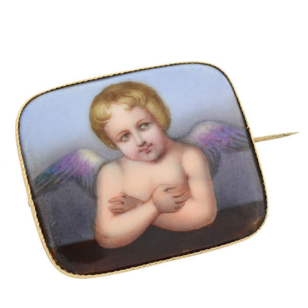 Victorian 14kt Painted Porcelain Cherub Pin