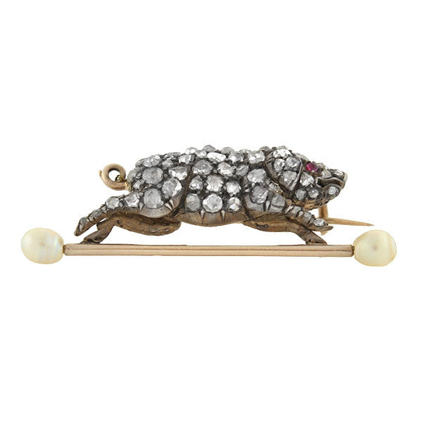 Victorian 14kt & Silver Diamond & Pearl Potbelly Pig Pin .65ctw