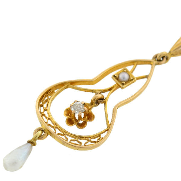 Art Nouveau 14kt Pearl & Diamond Lavalier Pendant