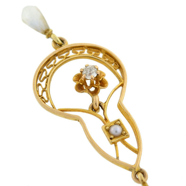 Art Nouveau 14kt Pearl & Diamond Lavalier Pendant