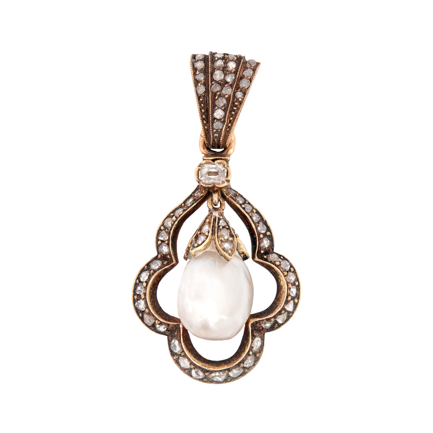 Victorian 14k + Sterling Natural Pearl + Rose Cut Diamond Pendant