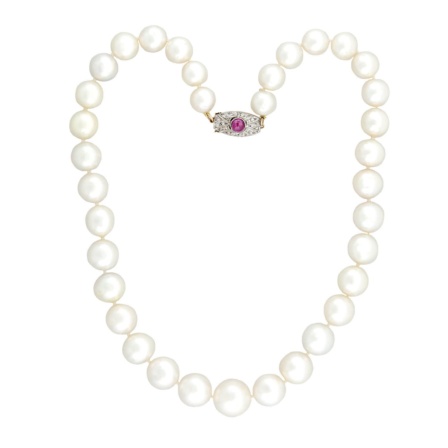 Edwardian South Sea Pearl Necklace with Diamond + Ruby Clasp