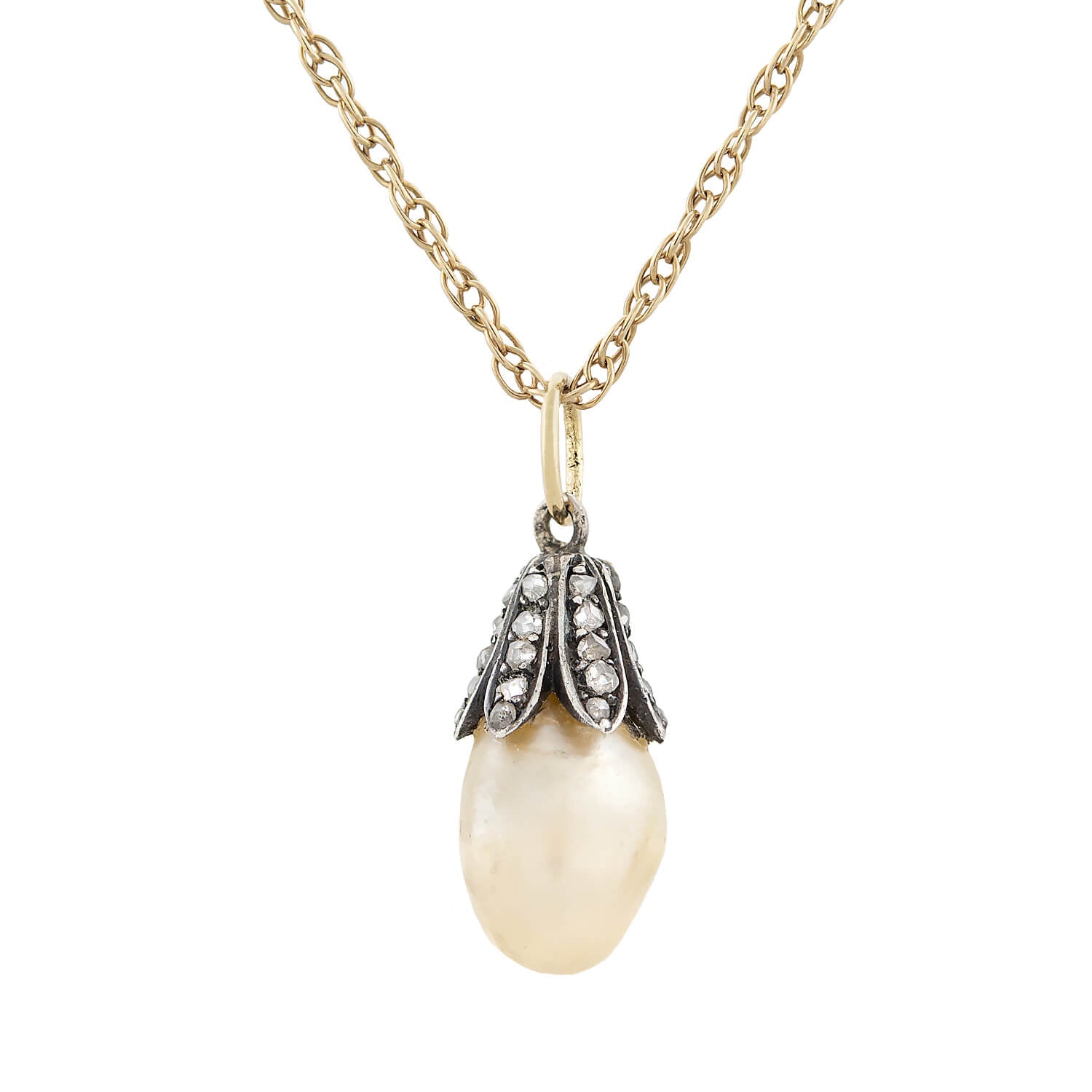 Victorian 14kt/Sterling Natural Pearl + Diamond Pendant Necklace