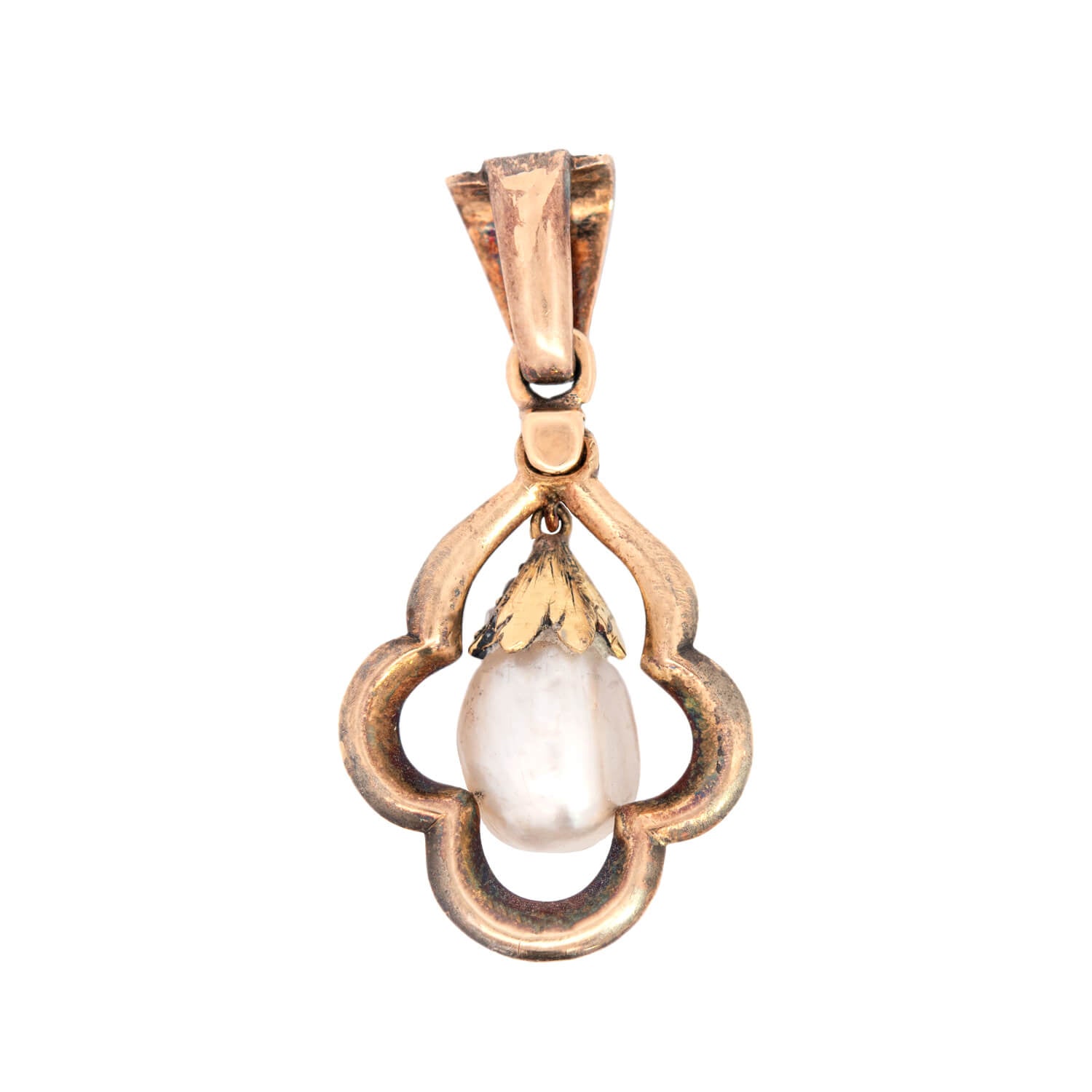 Victorian 14k + Sterling Natural Pearl + Rose Cut Diamond Pendant