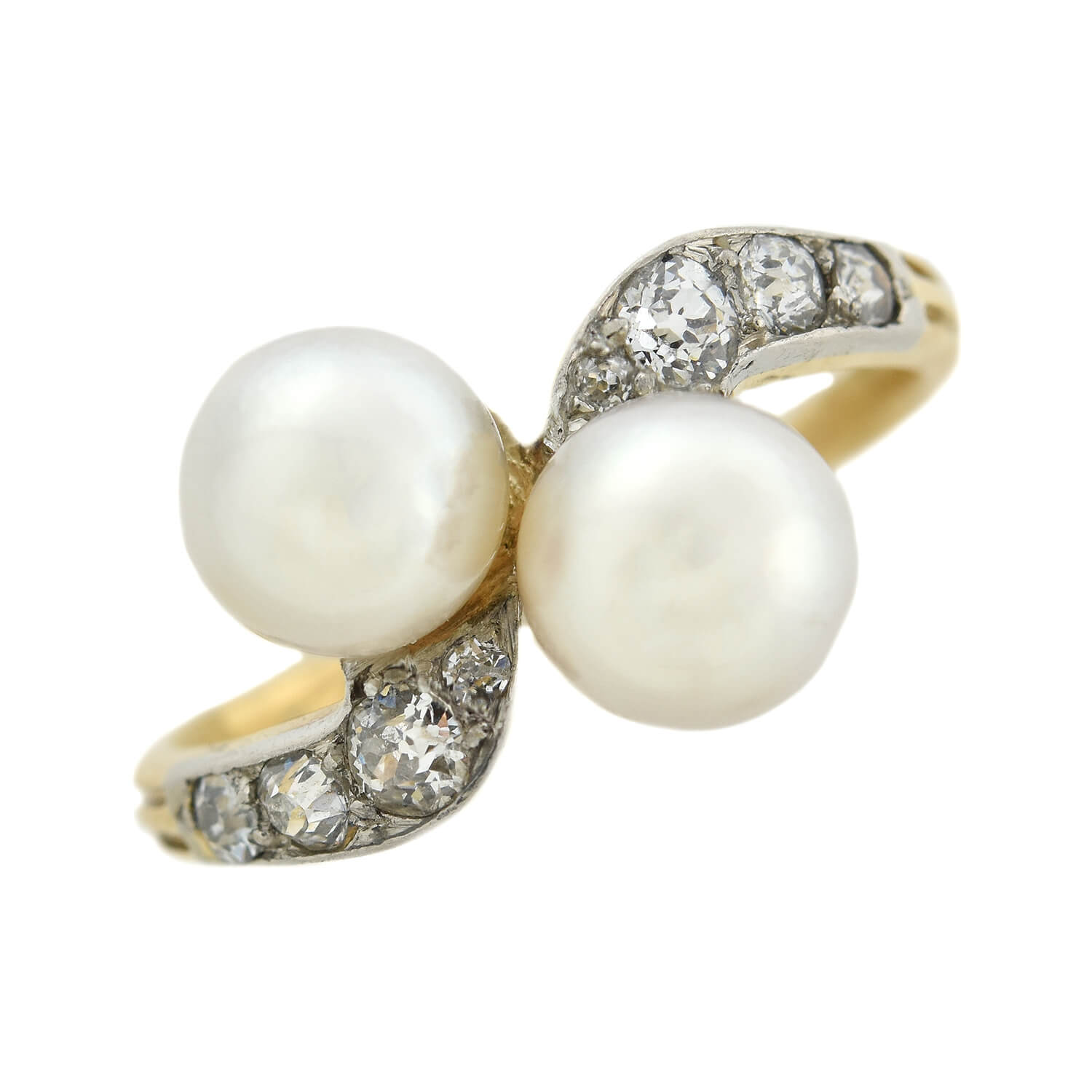 Edwardian 14kt/Platinum Diamond + Natural Pearl Bypass Ring