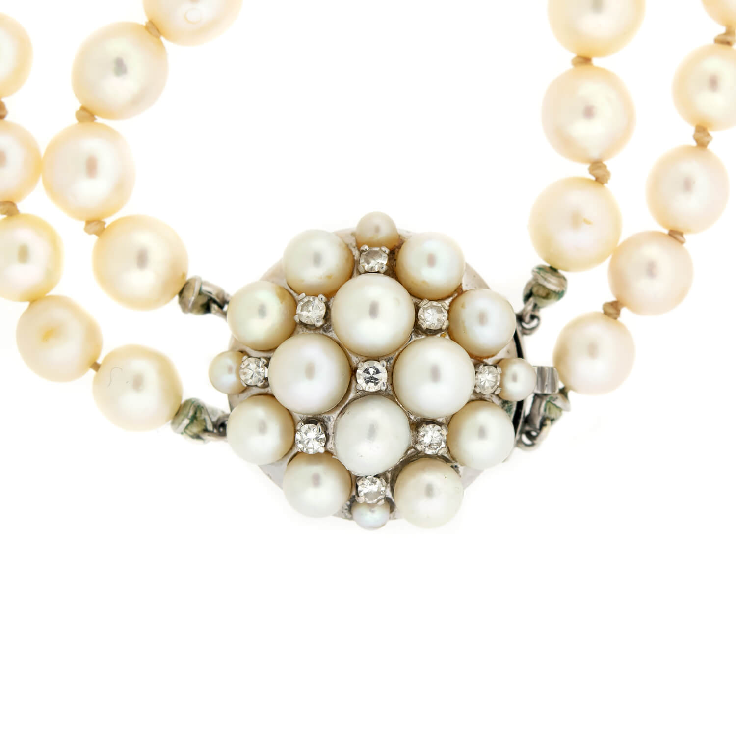 Retro Double Strand Pearl Necklace & 14k Diamond Clasp