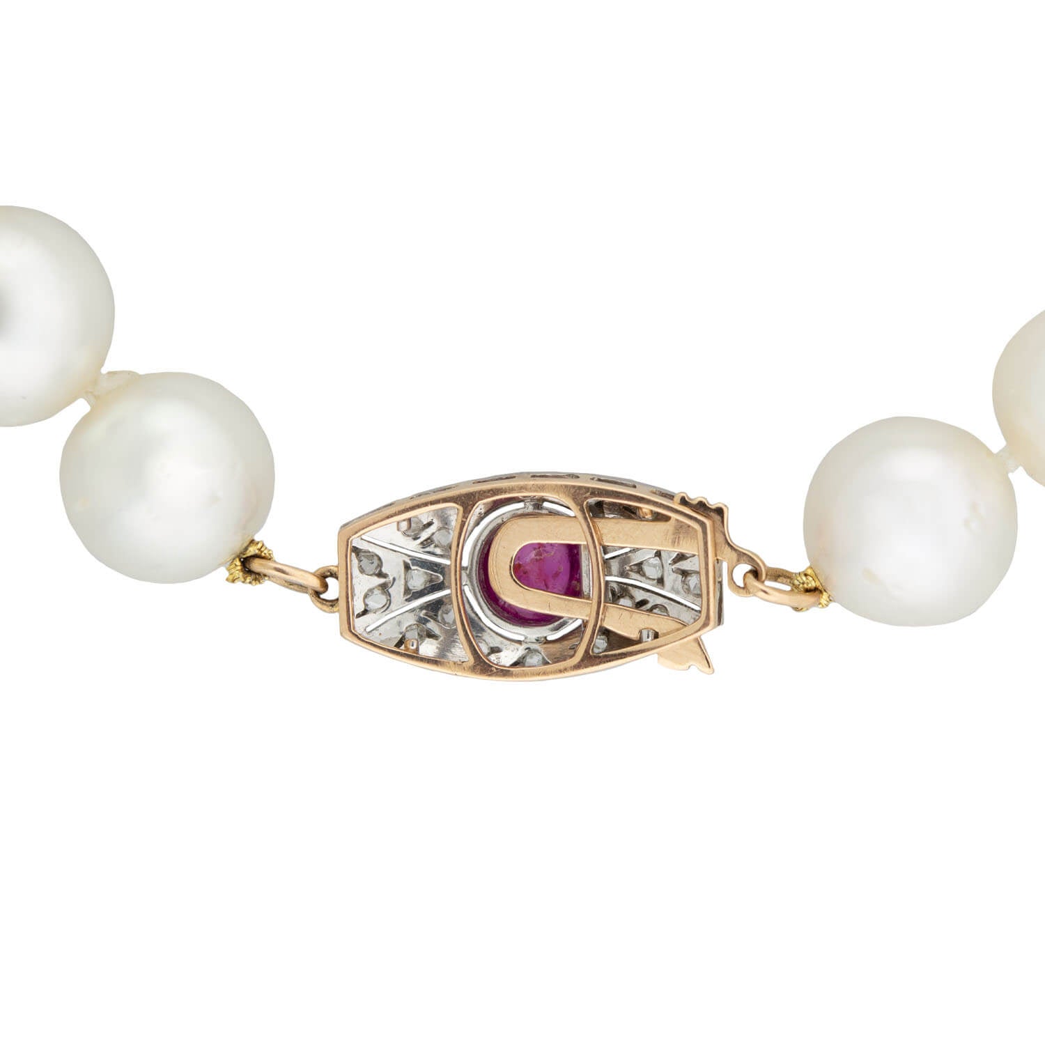 Edwardian South Sea Pearl Necklace with Diamond + Ruby Clasp