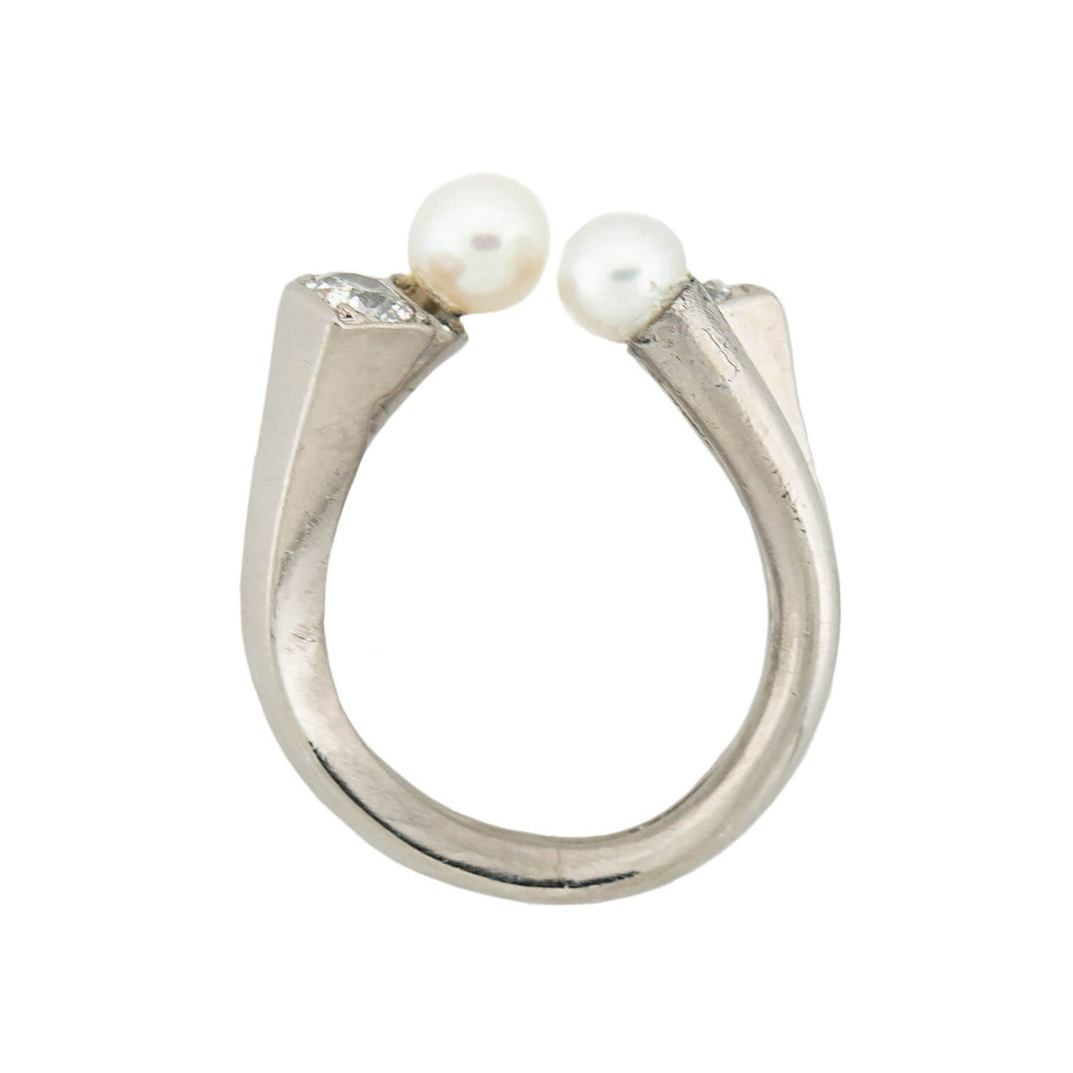 Vintage 18k Mine Cut Diamond + Cultured Pearl Arts + Crafts Ring