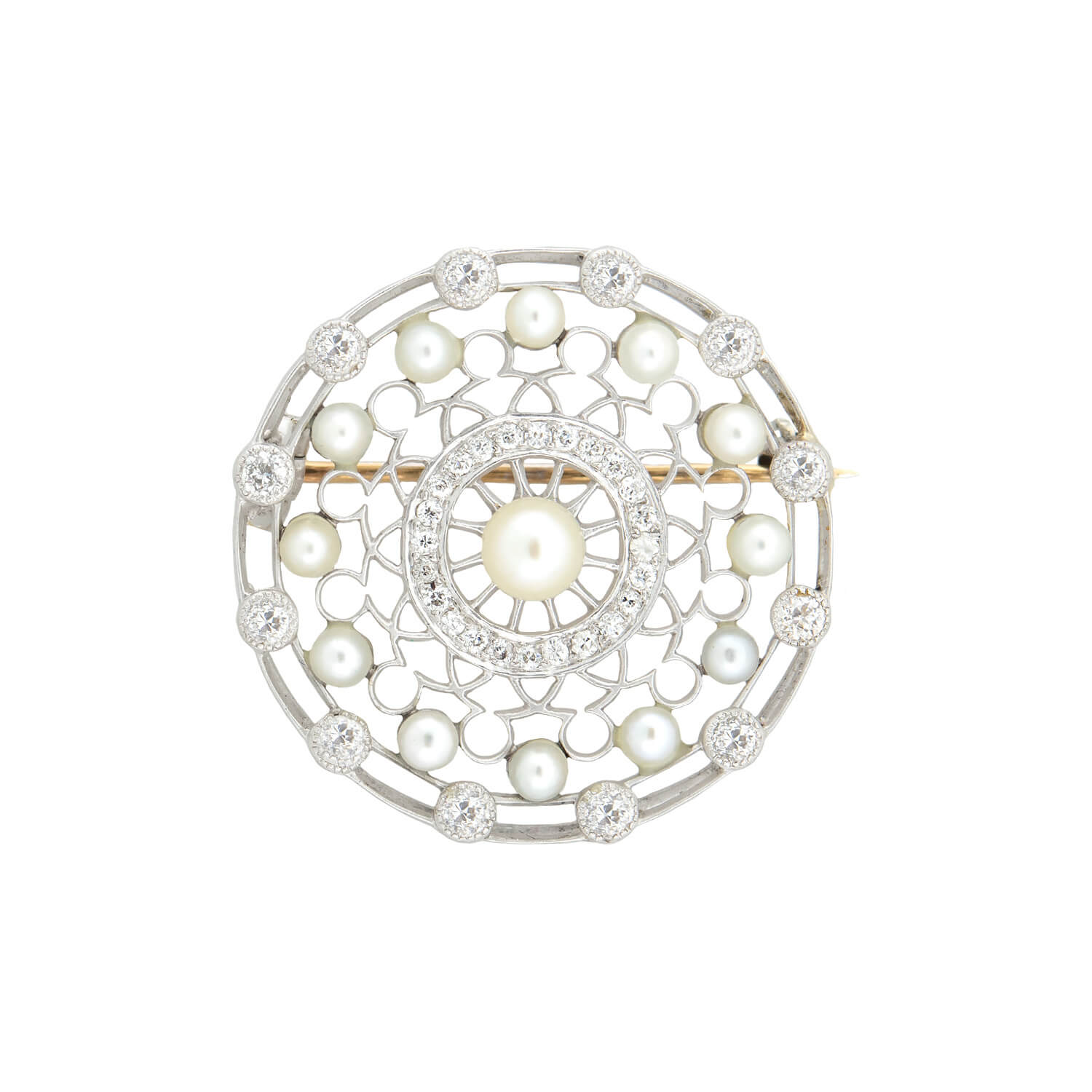 TIFFANY & CO. Edwardian Platinum, Diamond + Pearl Filigree Circle Pin