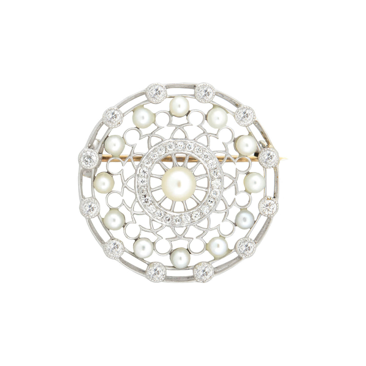 TIFFANY & CO. Edwardian Platinum, Diamond + Pearl Filigree Circle Pin