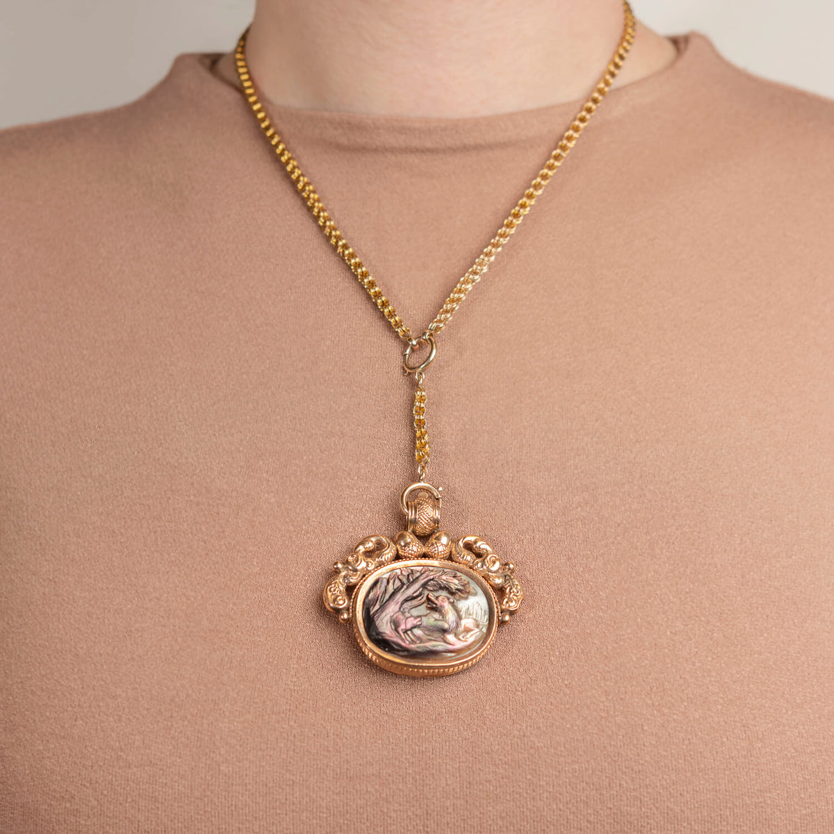 Victorian 14k Mother of Pearl Spinner Fob + Chain Necklace