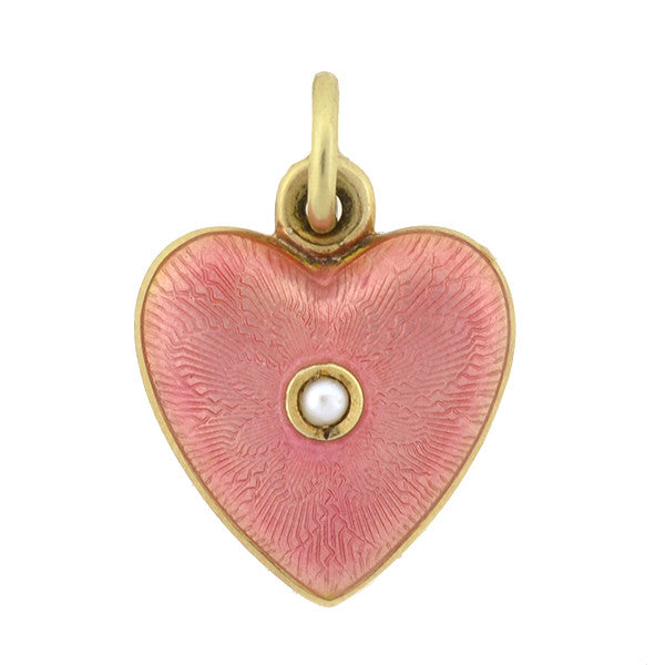 Art Deco 14kt Guilloché Enamel & Pearl Heart Charm/Pendant