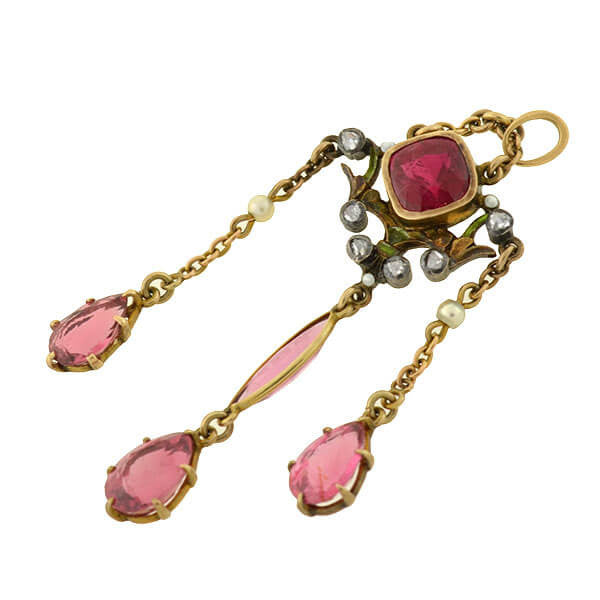 Art Nouveau 14kt Tourmaline & Diamond Lavalier Pendant