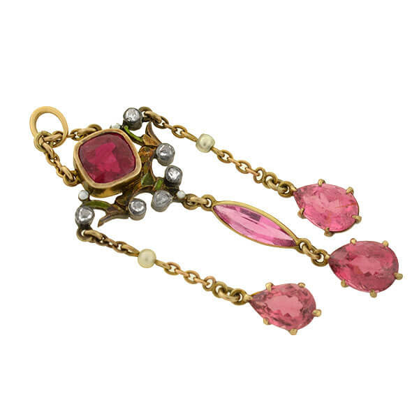 Art Nouveau 14kt Tourmaline & Diamond Lavalier Pendant