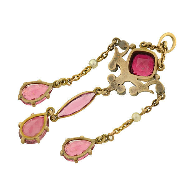 Art Nouveau 14kt Tourmaline & Diamond Lavalier Pendant