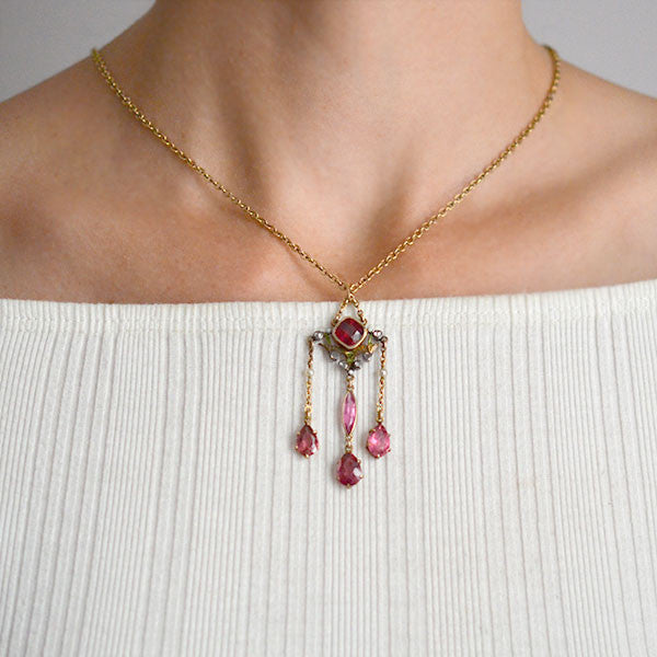 Art Nouveau 14kt Tourmaline & Diamond Lavalier Pendant