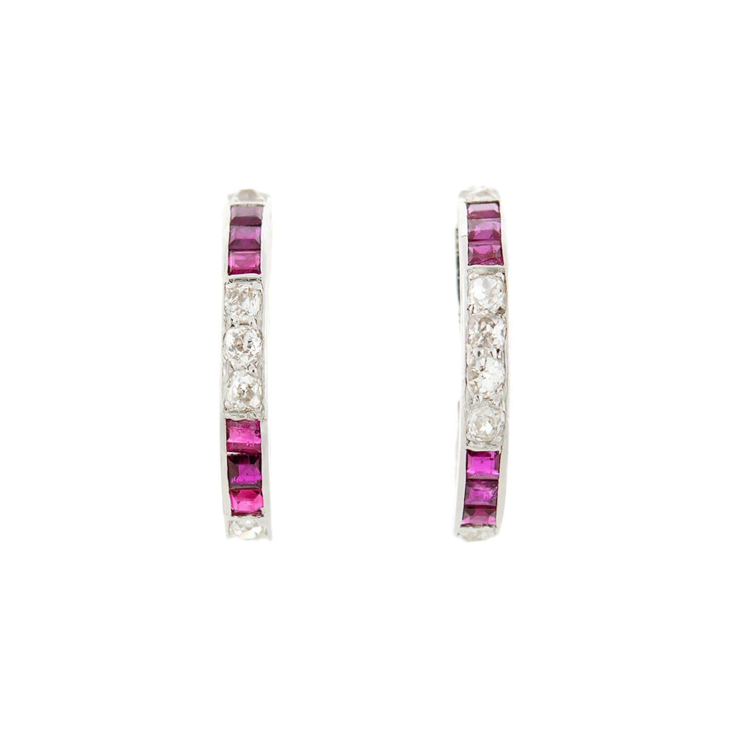 Art Deco 18k Diamond + Ruby Conversion Hoop Earrings