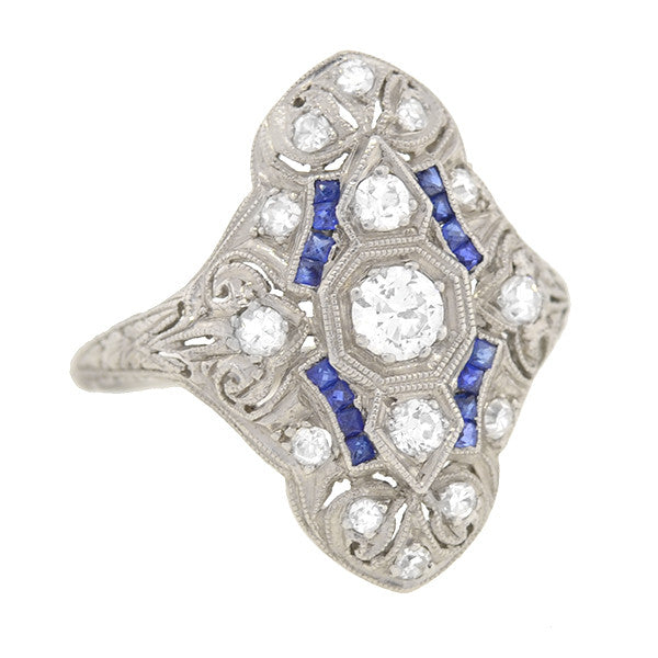 Art Deco Platinum Diamond & Sapphire Elongated Filigree Ring