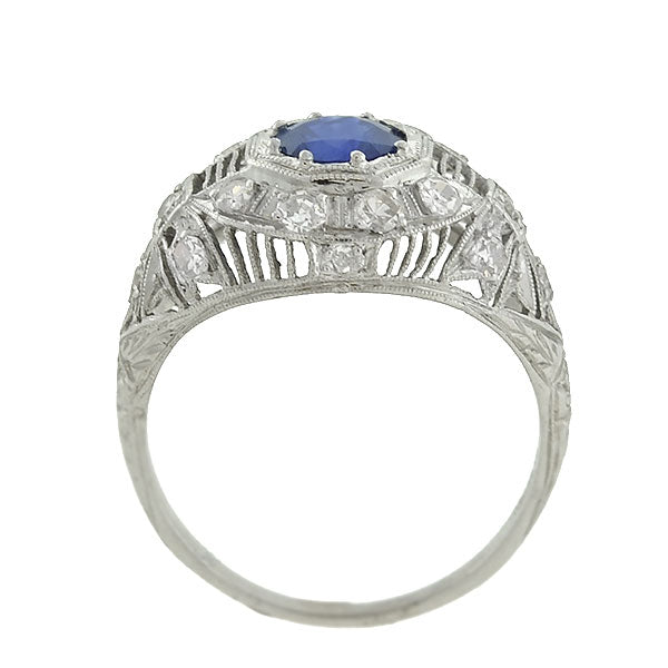 Art Deco Platinum Sapphire & Diamond Filigree Ring .91ct