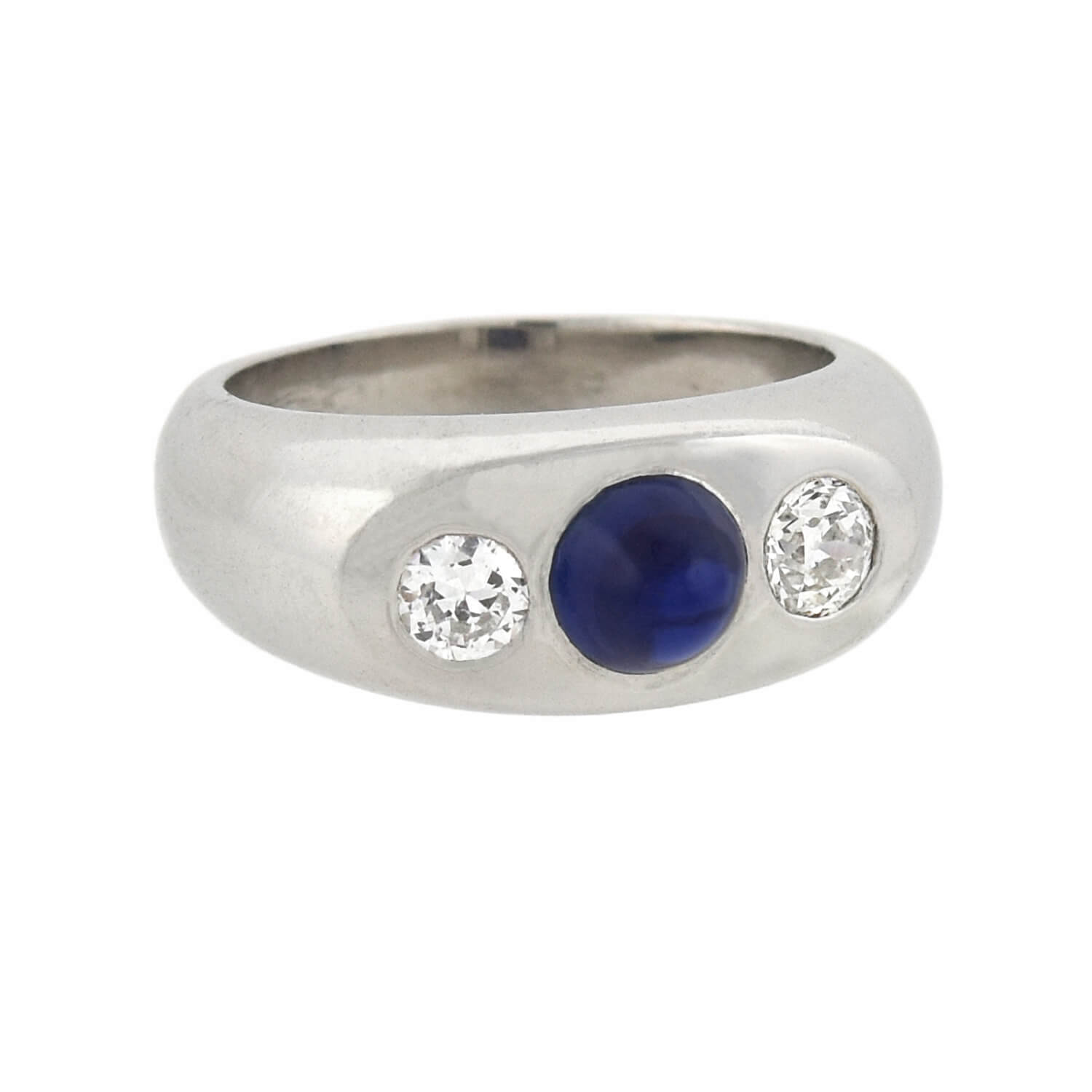 Art Deco Platinum 3-Stone Diamond + Bullet Cabochon Sapphire Ring