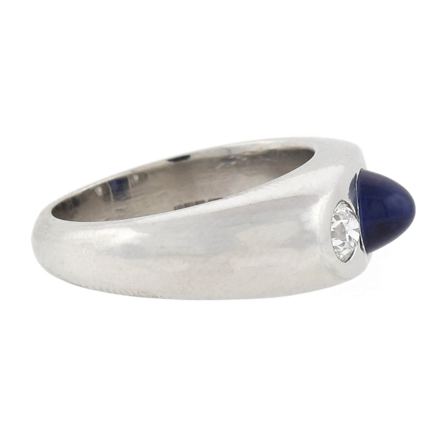 Art Deco Platinum 3-Stone Diamond + Bullet Cabochon Sapphire Ring