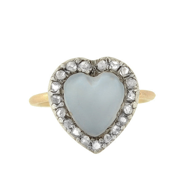 Victorian 14kt/Silver Moonstone Diamond Heart-Shaped Cluster Ring