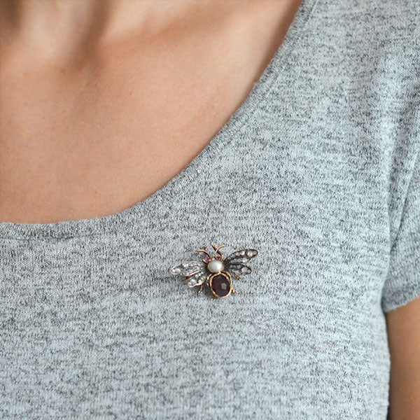 Victorian 18kt Garnet, Diamond, Pearl + Ruby Bug Pin