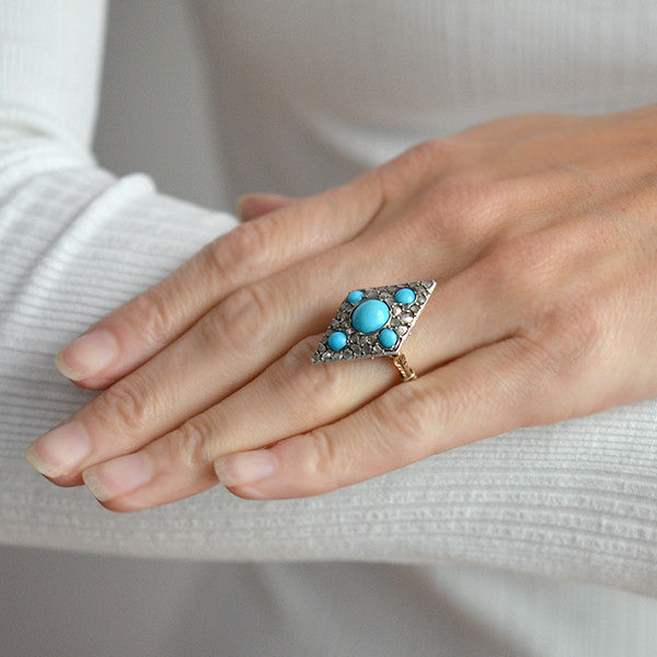 Victorian 18kt & Sterling Turquoise & Rose Cut Diamond Ring