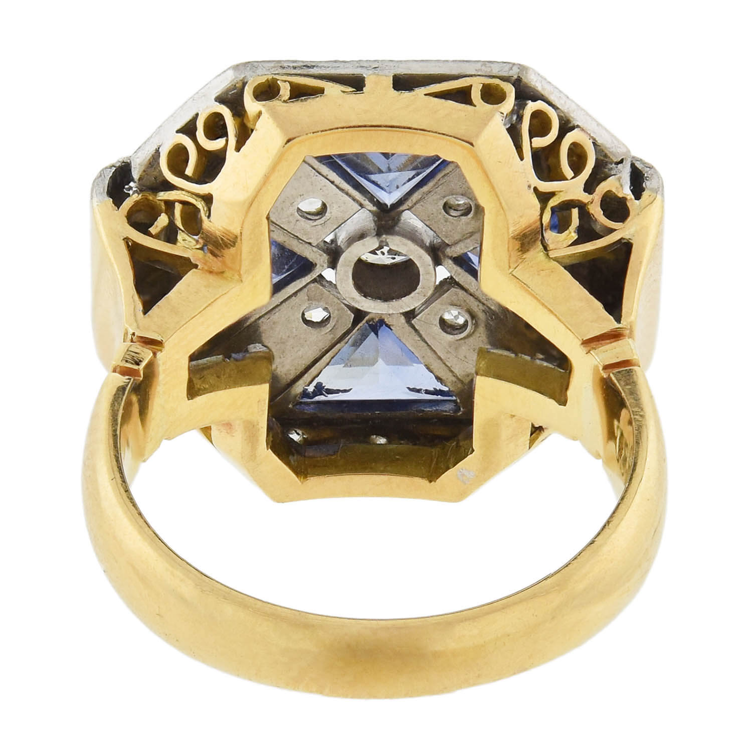 Art Deco 18kt Two-Tone Diamond + Sapphire Ring