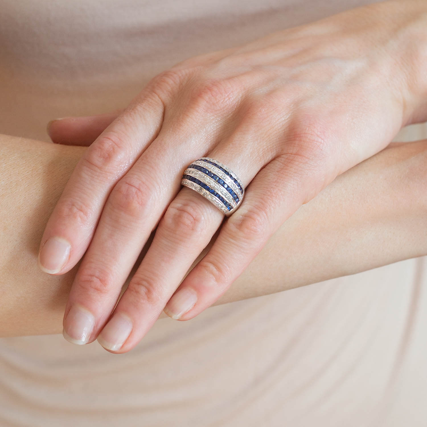 Estate 18kt Diamond + Sapphire Striped Dome Ring